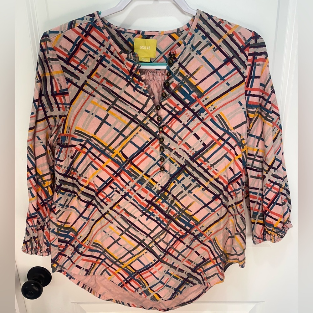 Anthropologie Pink Multicolor Geometrical Striped Blouse Size Small 100% Cotton